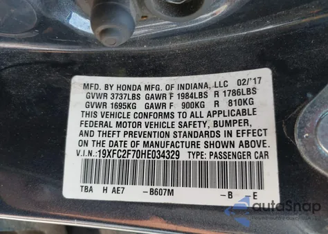 2017 Honda Civic Ex z USA, uszkodzony, nr VIN 19XFC2F70HE034329